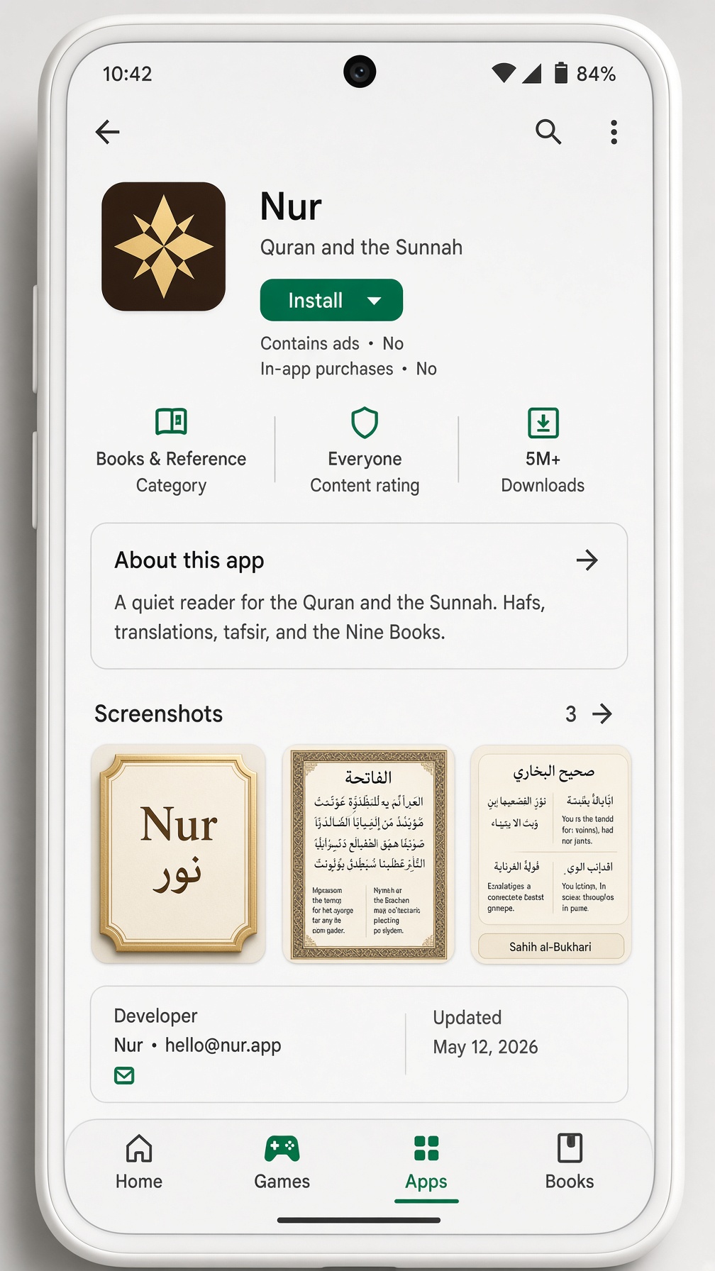 Google Play listing for Nur — Install, Books and Reference